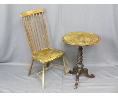 ANTIQUE BURR WALNUT TRIPOD TABLE and a stick back farmhouse chair, the circular top table on a twist and carved tripod stem, 