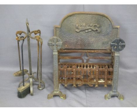 VINTAGE IRON FIRE BASKET, back plate and set of irons on stand, the basket front with Celtic monument type decoration, the ca