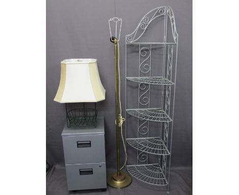 SILVERED FOLDING DISPLAY STAND, two drawer metal filing cabinet, modern brass standard lamp ETC