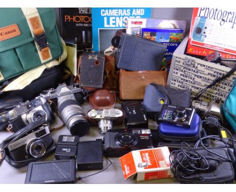 VINTAGE &amp; LATER CAMERAS &amp; ASSOCIATED EQUIPMENT to include a Pentax K1000 and a MZ/5N both with carry cases, two boxed