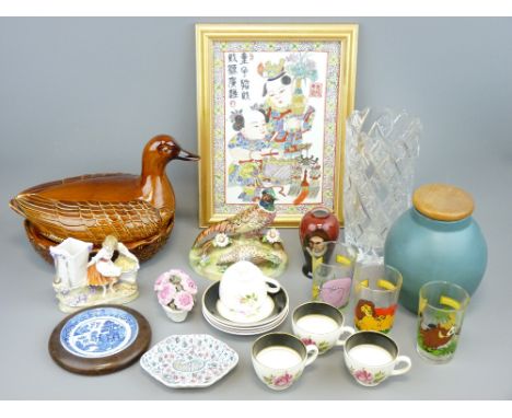 MODERN CHINESE CERAMIC TILE, Crown Staffs Pheasant by J T Jones, a moulded glass flower vase and other decorative items