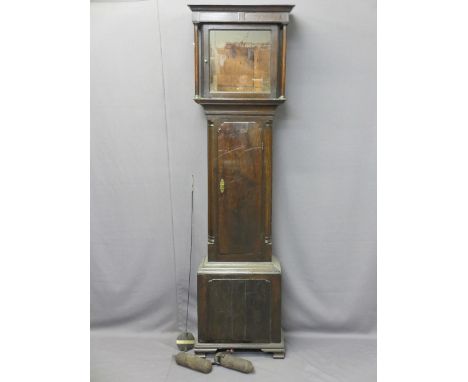 18TH CENTURY OAK LONGCASE CLOCK CARCASS, reputedly Watkin Owen of Llanrwst, square hood with turned flanking door pillars and