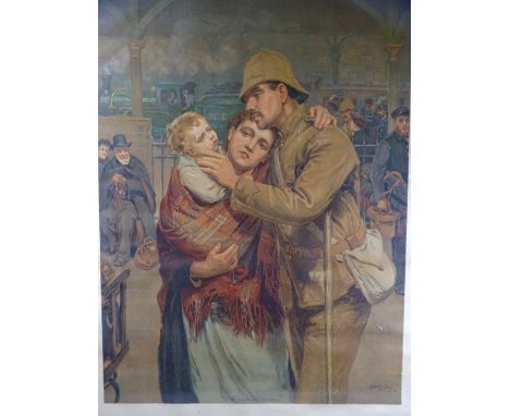 R HEDLEY print - Boar War scene 'The Reservist's Return', 70 x 55cms