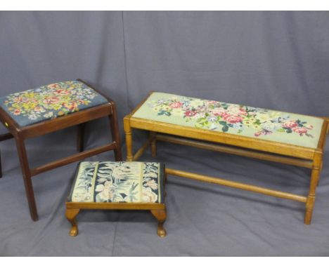 THREE TAPESTRY TOP FOOT STOOLS including a tall example, 48cms H, one short, 21cms H and a long stool 94cms L