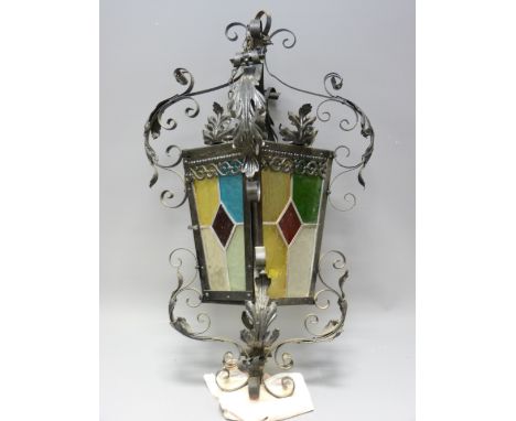 VINTAGE STYLE WROUGHT IRON &amp; COLOURED GLASS HALL LANTERN, 66cms H
