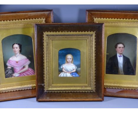 THREE PORCELAIN PORTRAIT PLAQUES finely painted depicting a young man with Albert chain to his waistcoat, a woman in a pink r