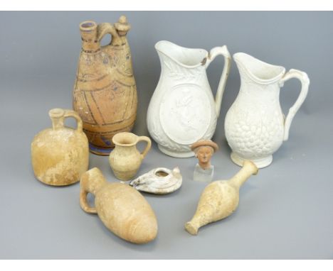 FIRED CLAY POTTERY COLLECTION ANTIQUITIES STYLE, 7 pieces including an oil lamp, a small bust on acrylic stand and five vario