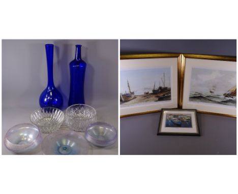 PETER TYSOE IRIDESCENT STUDIO GLASSWARE, three items to include 22cms and 19cms diameter bowls, a 27cms diameter dish, along 