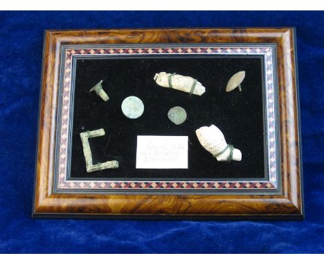 ENGLISH CIVIL WAR RELICS .  A small framed display of relics collected by a detectorist on the site of the Battle of Worceste