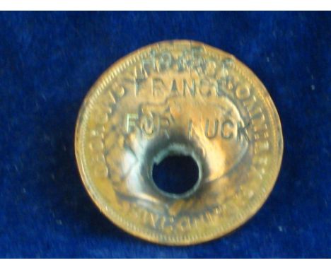 WW2 Lucky English Penny -  a novelty item from WW2, a soldiers lucky penny coin with a bullet hole through it and stamped 194