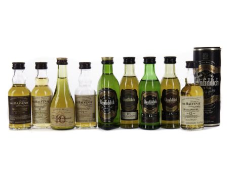 NINE BALVENIE AND GLENFIDDICH SINGLE MALT WHISKY MINIATURES Single Malt Scotch Whisky Includes Glenfiddich 18 years old (40%)