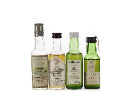 FOUR ISLAY SCOTCH WHISKY MINIATURES Includes Islay Mist (70° proof), Bowmore Forth Bridge Centennial 10 years old (40%), Laga