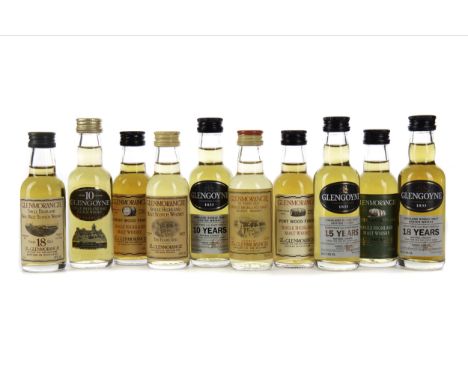 TEN GLENMORANGIE AND GLENGOYNE SINGLE MALT WHISKY MINIATURES Single Malt Scotch Whisky Includes Glenmorangie Madeira wood fin
