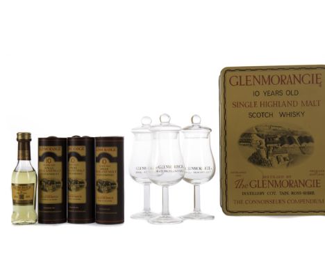 FOUR GLENMORANGIE 10 YEARS OLD MINIATURES Single Malt Scotch Whisky Each 5cl, 40% volume, along with four stemmed nosing glas