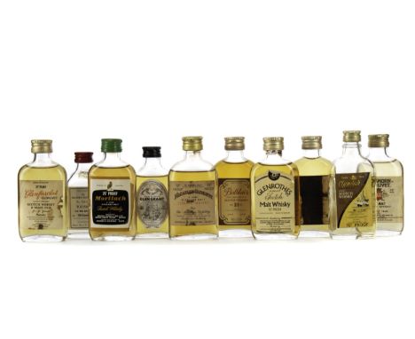 TEN FLAT BOTTLES SINGLE MALT WHISKY MINIATURES Single Malt Scotch Whisky Macallan-Glenlivet 15 years old (70° proof), Clyneli