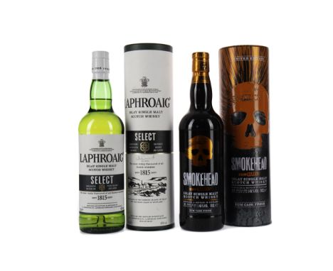 SMOKEHEAD RUM REBEL Single Malt Scotch Whisky Finished in rum casks. 70cl, 46% volume, in tin. LAPHROAIG SELECT Single Malt S