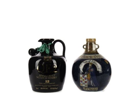 QE2 12 YEARS OLD Single Malt Scotch Whisky 75cl, 48.6% volume, ceramic decanter in box. BLACK PRINCE 17 YEARS OLD Blended Sco