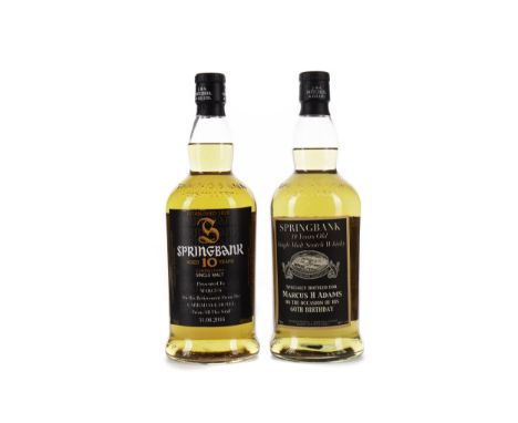SPRINGBANK 10 YEARS OLD (2) Single Malt Scotch Whisky Labels read 'Specially bottled for Marcus H Adams on the occasion of hi