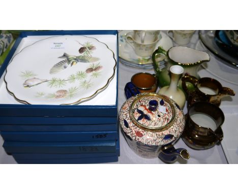 A collection of Royal Worcester bone china limited edition plates depicting British birds, boxed; 2 copper lustre jugs; other
