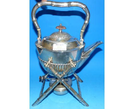 A late 19th century Chinese silver tea kettle on stand of Georgian design, with simulated bamboo swing handle and stand, comp