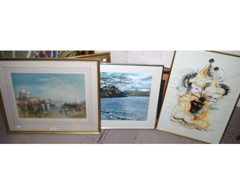 John Cooke:  watercolour, wintry lakeland scene, signed, 13½" x 20"; a colour print of Venice and another picture