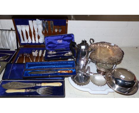 An oak cased 12 setting fish canteen (1 fork missing); a pair of 19th century ivory handle fish servers; silver plate