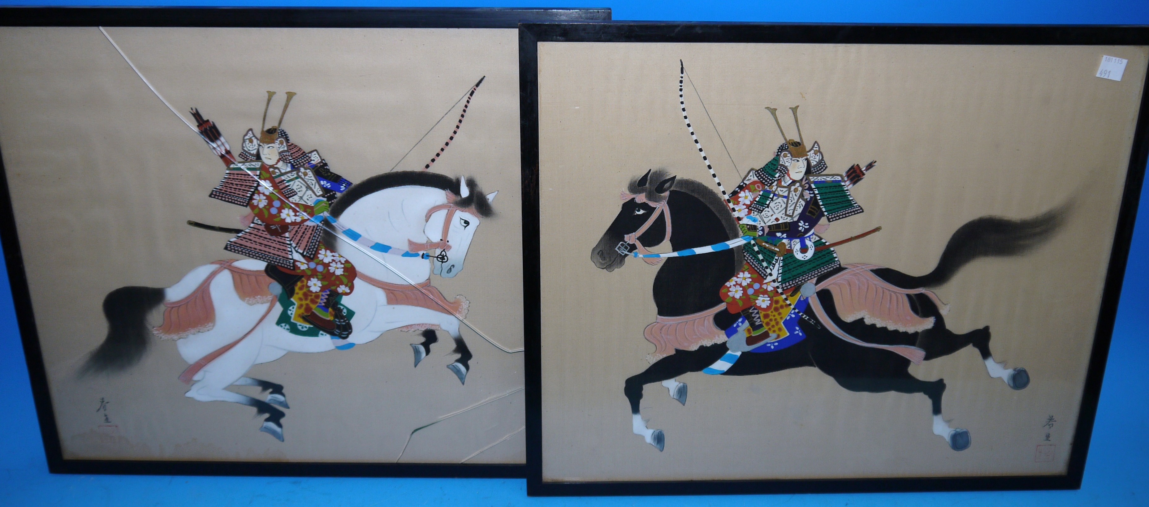 A pair of Japanese gouache paintings on silk depicting Samurai warriors