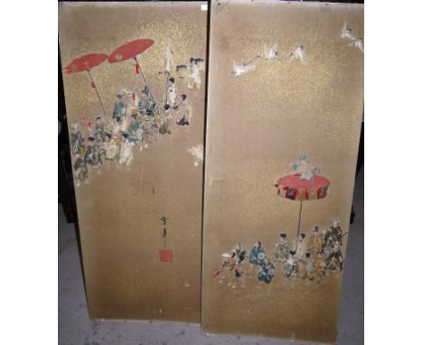 Four oriental screen panels with 3D appliqué work depicting a procession, each 19" x 45"
