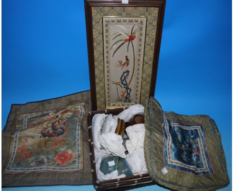 Two Chinese embroidered cushion covers; a framed panel; an oriental tea set