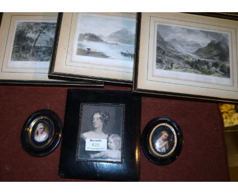 A pair of 19th century porcelain portrait plaques; an engraving in ebonised frame; 3 views of the Lakes