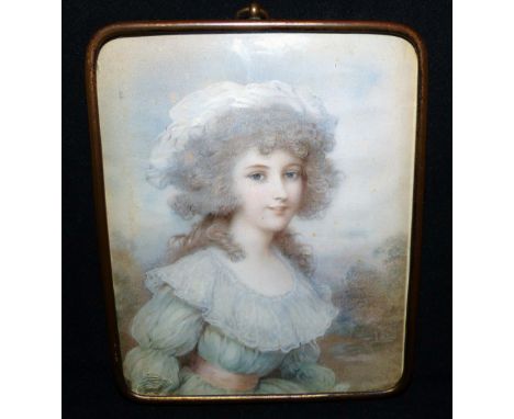 19th Century: rectangular miniature print on paper, half-length portrait of young woman in lace dress and bonnet, unsigned, 5