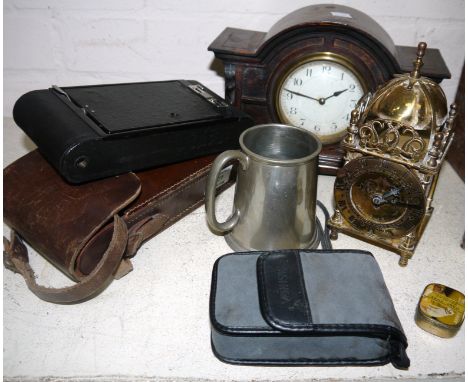 A Smith's 8-day lantern style mantel clock; an oak cased clock; a trench art kettle; other collectables