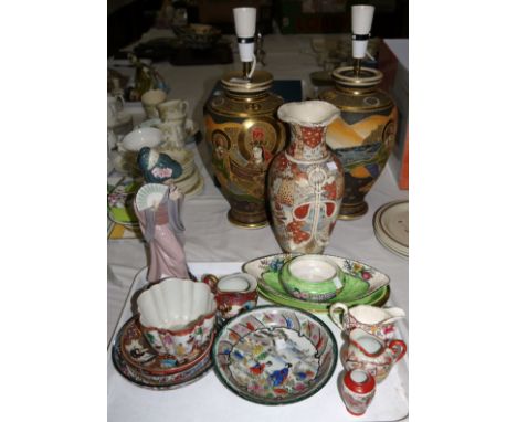 A selection of oriental ceramics; 2 Satsuma vases converted to table lamps; a Lladro figure
