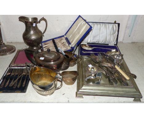 A silver plated 3 piece tea set; a silver plated mirrored stand; silver plate and cutlery