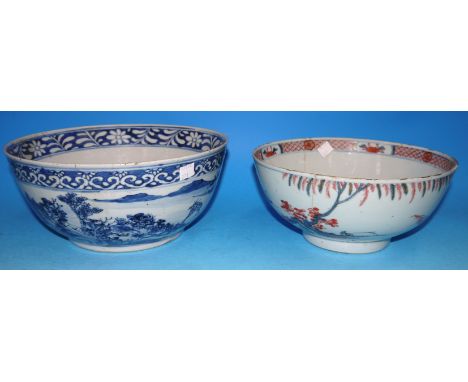 A large Chinese porcelain blue bowl decorated with hunting scene, 4 character mark, diameter 10½" (hairline crack); and anoth