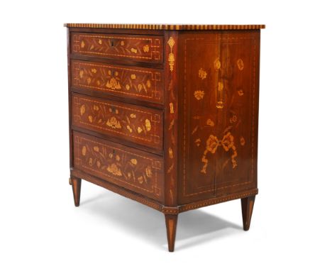 A Dutch mahogany and marquetry commode, first quarter 19th century, with canted corners and four graduated drawers, on taperi