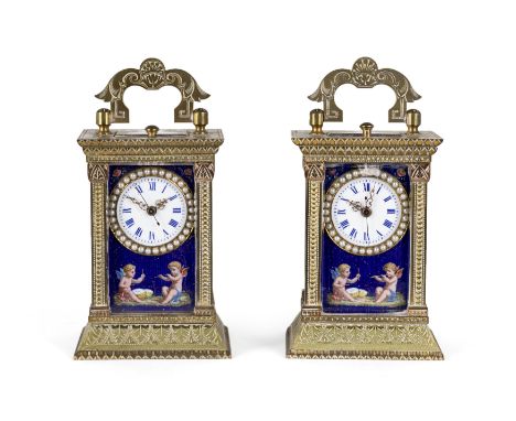 A pair of French miniature 'mignonette' brass carriage clocks, late 19th century, each with case surmounted with shaped folia