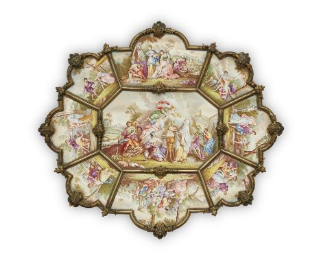 A Viennese gilt-brass mounted enamel octofoil-shaped dish, in the manner of Hermann Ratzersdorfer, late 19th century, the ena
