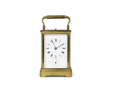 A French gilt-brass repeating carriage clock, by Drocourt, Paris, late 19th century, the corniche case with swing handle abov