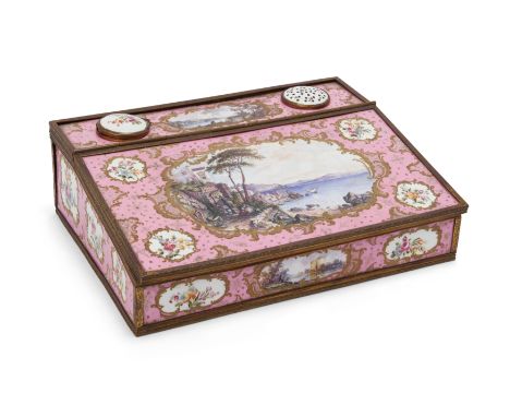 An English brass-mounted enamel writing box, late 18th century, modelled as a writing slope, with removable inset pounce pot 
