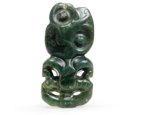 A Maori nephrite hei-tiki pendant, New Zealand, with tilted head and hands on thighs, 15cm highProvenance: The Mu-Fei Collect