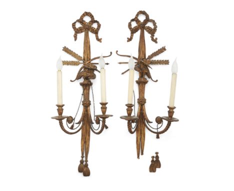 A pair of giltwood twin-branch wall lights, of George III style, first half 20th century, each of ribbon-bow and tassel desig
