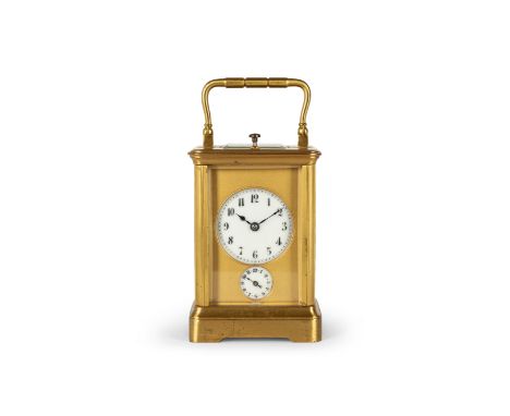 A small French lacquered brass repeating carriage clock, late 19th century, the corniche case with swing handle above bevelle