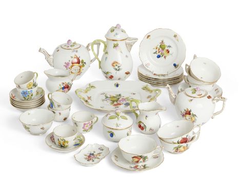 A Herend porcelain 'Fruits Necker' (FRN) pattern tea and coffee service, second half 20th century, blue printed marks, gilt-h