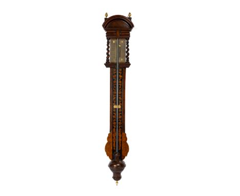 A William and Mary walnut stick barometer, late 17th century, with foliate marquetry decoration, with brass dial flanked by b