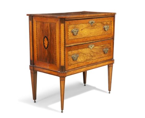 A Dutch rosewood, satinwood and chequer strung commode, second quarter 19th century, fan-patera inlaid top and shell patera t