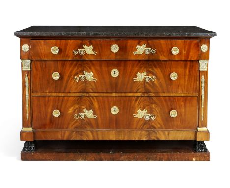 A second Empire mahogany commode, third quarter 19th century, gilt metal mounted, the marble top above three graduated drawer