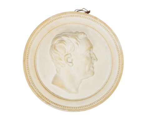 After Johan Tobias Sergel, Swedish, 1740-1814, a plaster portrait roundel of Carl Linnaeus, dated 1942, framed by an integral