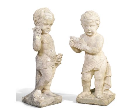 A pair of stone allegorical putti, late 19th century, one modelled holding roses, the other a pan pipe, 82cm and 80cm high (2