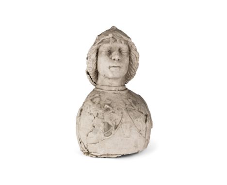 After Antonio del Pollaiuolo, Florentine, 1429-1498, a plaster portrait bust of a young man wearing an elaborate breastplate,